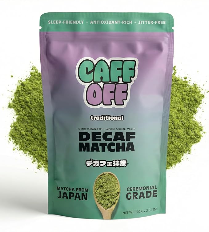 Caff Off Decaf Matcha Green Tea Powder From Japan – 3.52 oz / 100 g – Ceremonial Grade – Naturally Decaffeinated Without Chemicals – Tested for Heavy Metals – First Harvest, Shade-Grown & Caffeine-Free Matcha Powder