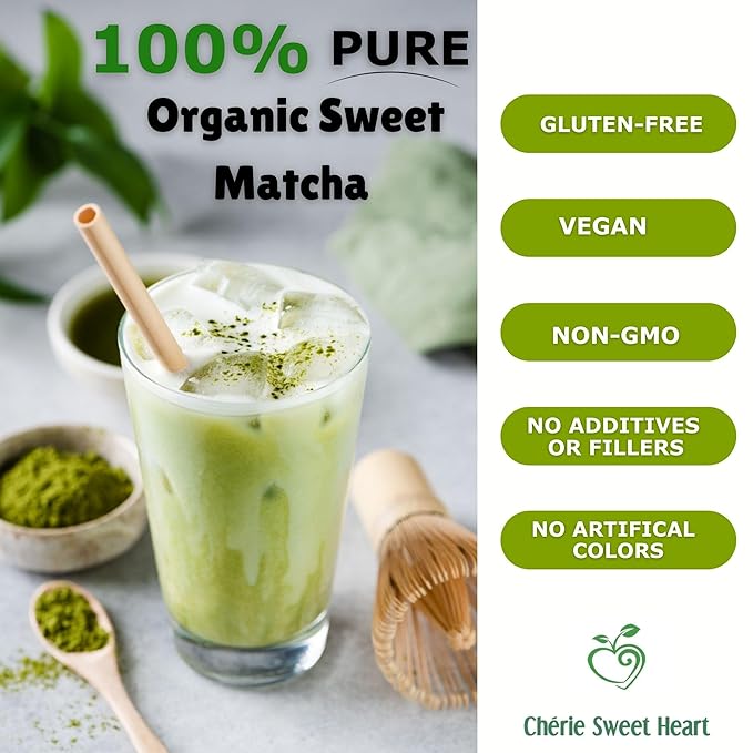 Organic Sweet Matcha Green Tea Powder - Cafe Style Blend by Cherie Sweet Heart - 16oz, Vegan & Gluten-Free, Rich in Antioxidants, Perfect for Lattes, Smoothies & Baking