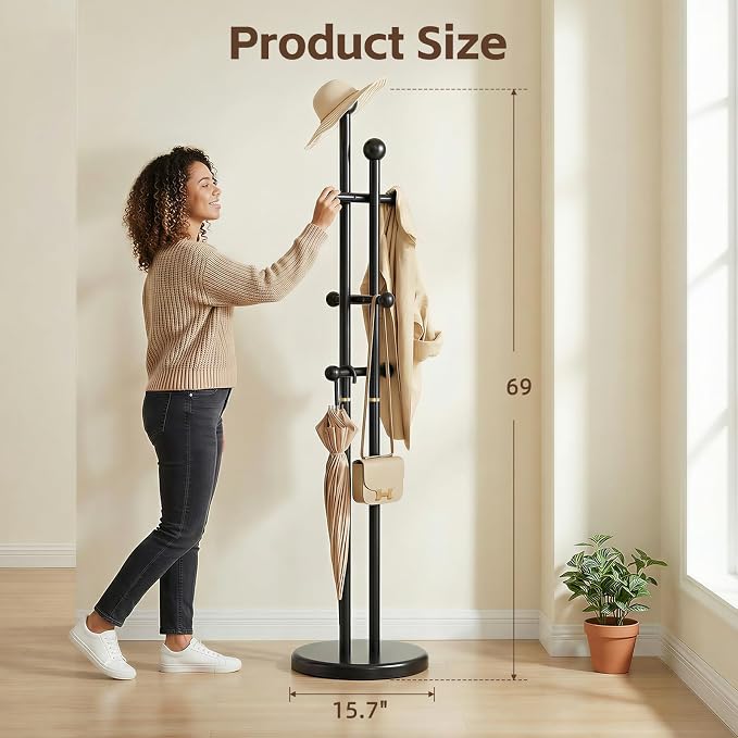 Uniclinens Wood Coat Rack Freestanding - Heavy Duty Freestanding Coat Rack, Wooden Coat Stand with 6 Hooks Creative Tree Branch-look for Entryway, Hallway, Bedroom (Black)