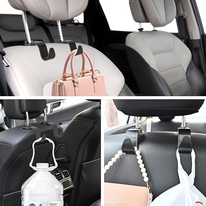 Car Seat Headrest Hook, Universal Car Storage Headrest Hanger Holder Hooks Organizer, Vehicle Strong and Durable Backseat Hanger Interior Accessories for Handbag Purse Coat 4 Pack Black