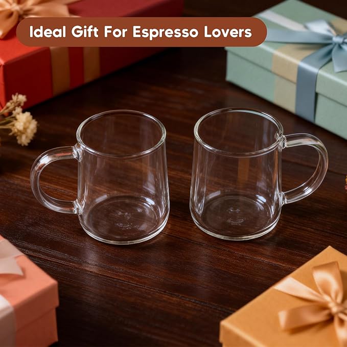 Glass Espresso Cups Set of 2, 3 oz Clear Espresso Shots Cup with Handle, Mini Coffee Cups Glasses Mugs, Demitasse Cups, Cappuccino Cup, Suit for Espresso Machine, Microwave Dishwasher Safe