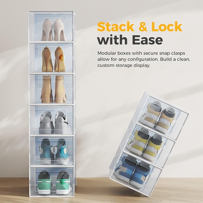 Sweetcrispy Shoe Storage Boxes, Clear Plastic Stackable Shoe Rack Organizer with Lids for Closet, Foldable Sneaker Container, Under Bed and Entryway, 12 Pack, Clear White