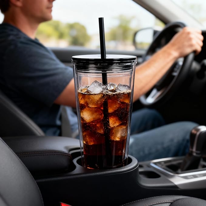 24oz Tumbler with Lid and Straw, Leak Proof and Double Wall Insulated Reusable Plastic Cups,Travel Reusable Iced Coffee Cup (1, Black)