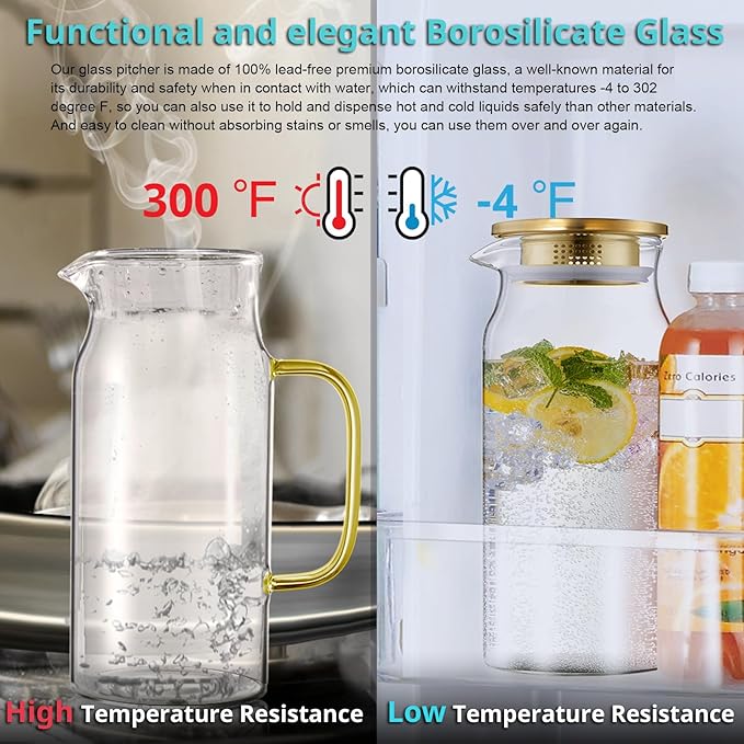 Bivvclaz 2 Liter 68 oz Gold Glass Pitcher with Lid and Handle, Glass Carafe for Hot/Cold Water, Large Iced Tea Pitcher for Coffee, Juice and Homemade Beverage