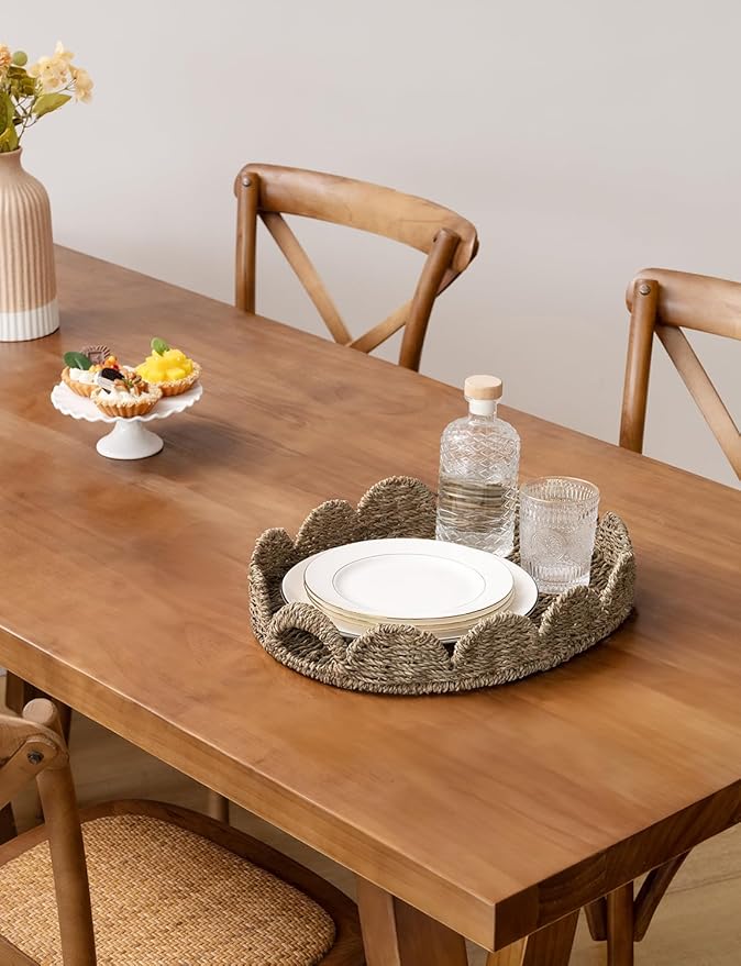StorageWorks Scalloped Edge Wicker Serving Tray, Woven Rattan Table Trays with Handle, Wicker Tray for Room Décor, Seagrass Tray for Ottoman, Scalloped Organizer Trays