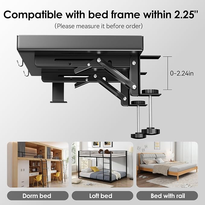 INNOPLUS Foldable Bedside Shelf, Heavy Duty Metal Clip-On Bed Tray Table for Top Bunk Beds,Floating Desk Tray for Dorm Room Essentials Loft Nightstand Organizer with Cup Holder & Cord Holes