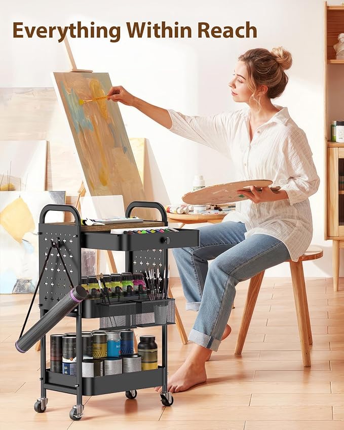 ALVOROG Rolling Cart with Drawer and Wood Table Top, 3 Tier Metal Rolling Utility Cart on Wheels with DIY Pegboards, Hanging Baskets, Hooks for Bedroom,Office,Craft Supplies (Black)