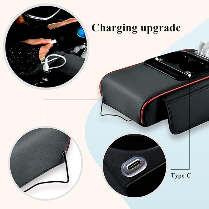 Car arm Rest Cover Pad (Upgraded Type-C), 5-in-1 Center Console Cover with Cup Holder, Tissue Box Slot, Mobile Phone Storage Slot, Suitable for Most Car Console, 13.8''x7.1''x3.0'' (Black-Red)