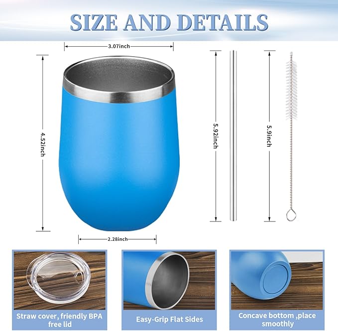 12oz Wine Tumbler with lid, Stainless Steel Travel Mugs Stemless Double Wall Insulated Coffee Cup, Insulated Wine Glasses Travel Tumbler for Cold & Hot Drinks(Blue, 1)