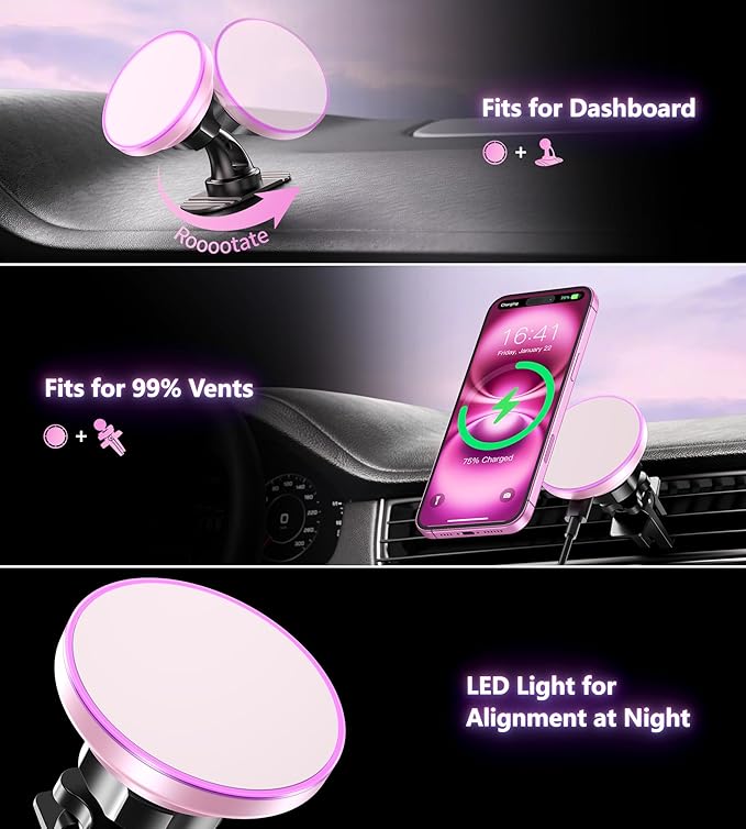 for Magsafe Car Mount Charger, [2025 Upgrade] 15W 2in1 Magnetic Wireless Car Charger, for Magsafe Car Charger, Vent/Dashboard Phone Holder, ONLY for iPhone 17 16 15 14 13 12 Series (Pink)