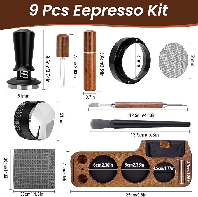 9 Pack Espresso Tamper Station&Coffee Distributor Tamper&Espresso WDT Stirrer&Coffee Tamping&Brush&Coffee Dosing Funnel&Espresso Puck Screen, Latte Art pen and Towel (51 mm)