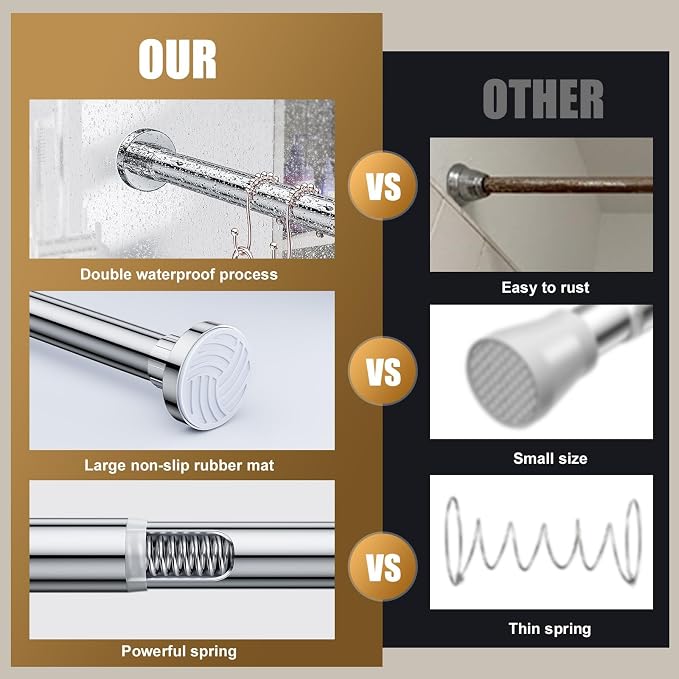 Ausemku Shower Curtain Rod Tension, 32-104 Inch Adjustable Heavy Duty Spring Tension Curtain Rod, No Drill Stainless Steel Telescoping Rod for Bathroom, No Rust, Silver