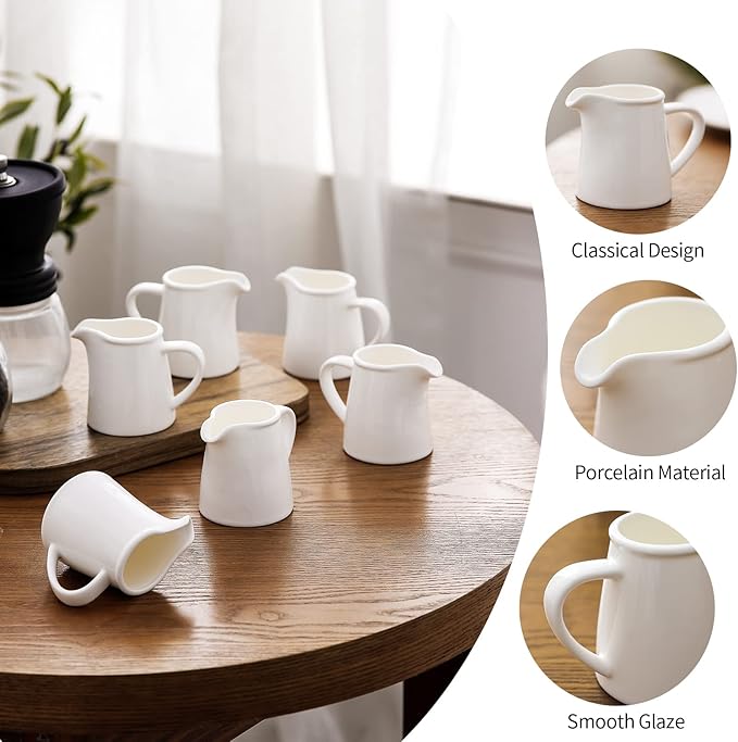 OMAYKEY 4.5 OZ 6-pcs Porcelain Creamer with Handle, Small Ceramic Cream Pitcher Sauce Pitcher Serving for Coffee Tea Milk - White