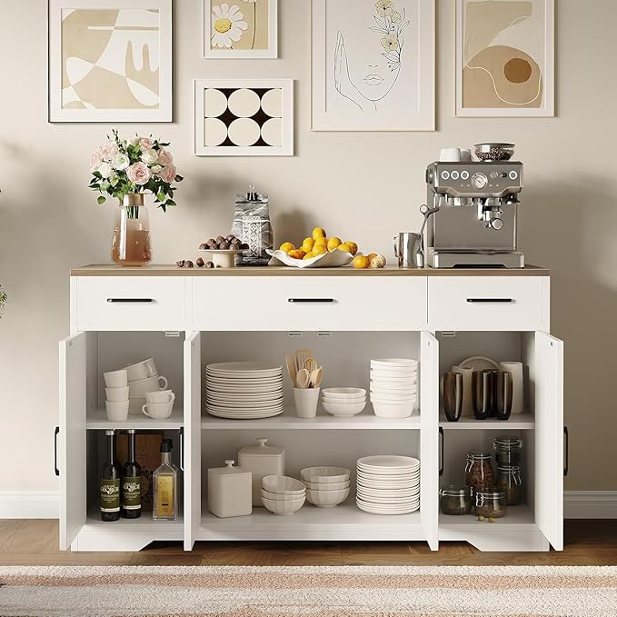 Farmhouse Modern Buffet Sideboard Cabinet with 3 Drawers, 55" Large Wood Kitchen Storage Coffee Bar Cabinet for Kitchen, Dining Room