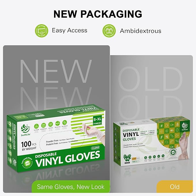 SWIFTLITE Disposable Vinyl Gloves, Food Safe, Latex-Free Powder-Free Clear Plastic Gloves for Cooking, House Clean, Food Prep