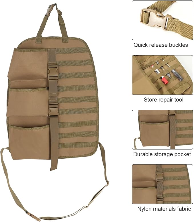 SUNPIE 2 Pcs Seat Back Truck Gun Rack，Automotive Gun Racks with Molle Panel Universal Seatback Storage Pockets Tactical Car Seat Back Organizer for Hunting Accessories Storage,Khaki