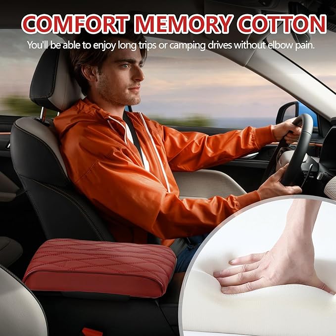 Memory Foam Car Armrest Cushion, 13"×8.3"×2" Leather Car Armrest Cover Pad, Auto Center Console Cover, Universal Vehicle Arm Rest Cover Protector, Interior Car Accessories (Wine Red)