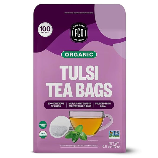 FGO Organic Tulsi Holy Basil Tea, 100 Count, Eco-Conscious Herbal Tea Bags, Resealable Bag, Caffeine Free, Packaging May Vary (Pack of 1)