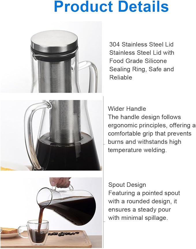 MAVIS LAVEN Cold Brew Coffee Maker, Thickened Borosilicate Glass Pitcher with 304 Stainless Steel Filter and Airtight Sealing, for Iced Tea Hot Tea Fruit Drinks (1600ML)