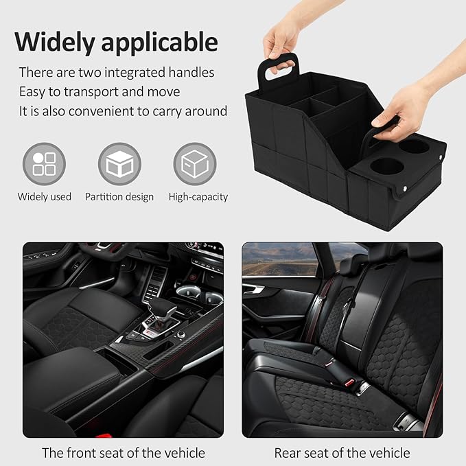 Car Seat Storage Organizer, Car Essentials Back Seats Organizer Between Seats Passenger seat with Cup Holder for Travel Baby Toys Diaper Caddy Bag(black)