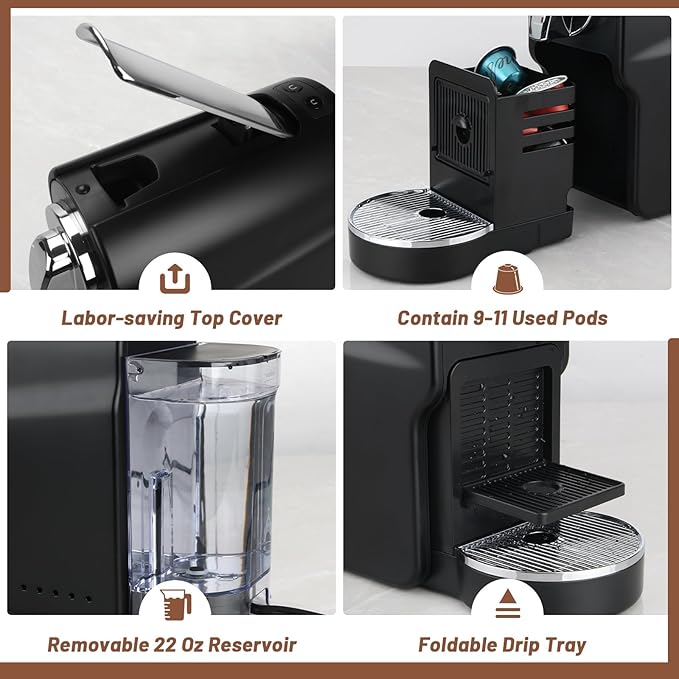 Mini Espresso Machine for Nespresso Original Pods, 20 Bar High Pressure Pump for Espresso and Lungo, One-Touch Operation, 22oz Removable Water Tank