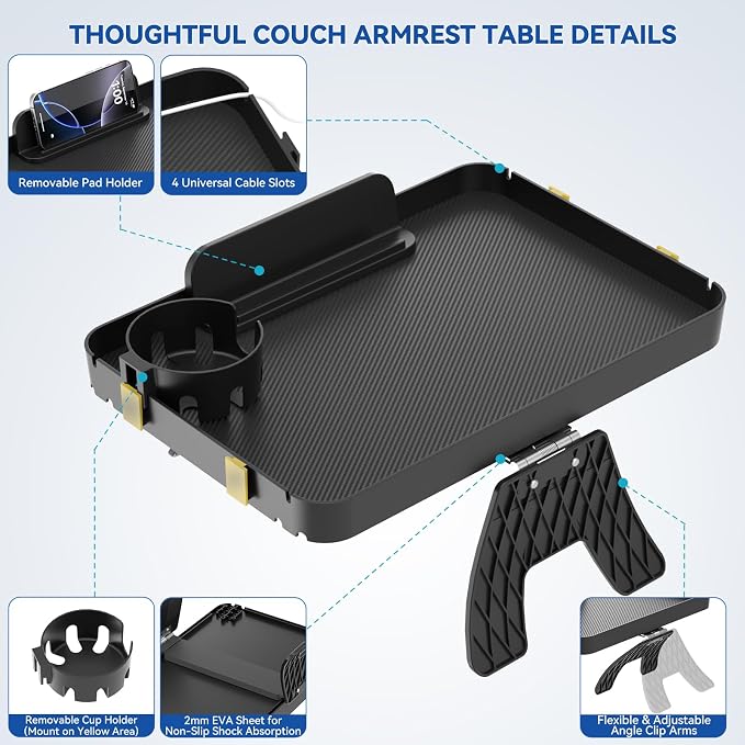 Couch Armrest Table Couch Arm Tray Cup Holder Plastic Armchair Caddy Recliner Arm Caddy Large Sofa Armrest Organizer Adjustable Clip on Snack Tray Drink Holder Removable Phone Pad Holder 16.38x11.02''