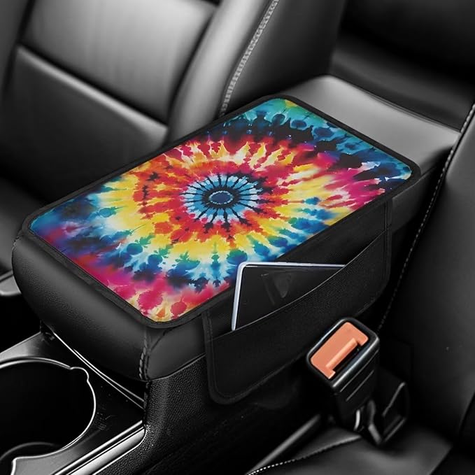 BIGCARJOB Hippie Tie Dye Car Center Console Cover with Side Storage Tie Dye Print Car Accessories Center Console Armrest Cover Auto Center Console Cover Pad,Universal for Most Cars, Trucks, SUVs