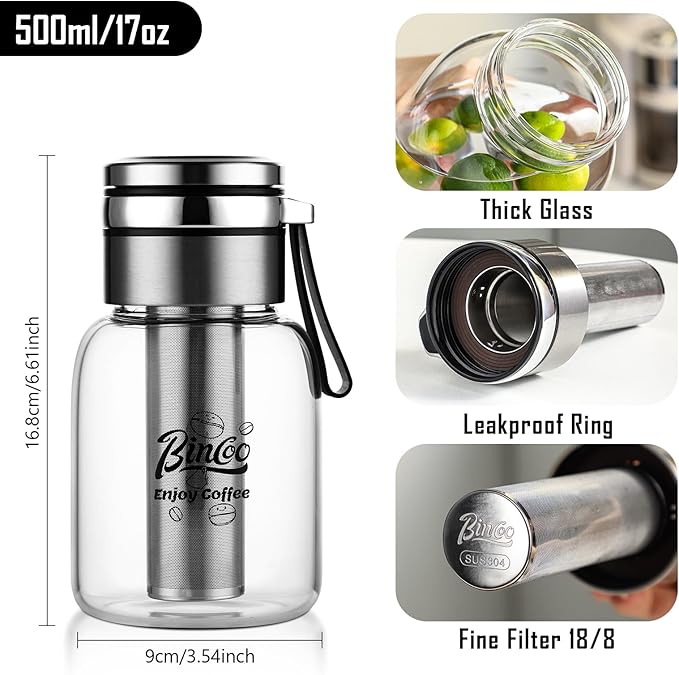 Bincoo Tea Infuser Bottle Glass Cold Brew Coffee Maker with Extended Long Filter – Premium, Durable, Easy-to-Clean Glass Bottle Stainless Steel Filter for Smooth Coffee & Tea (17oz / 500ml)