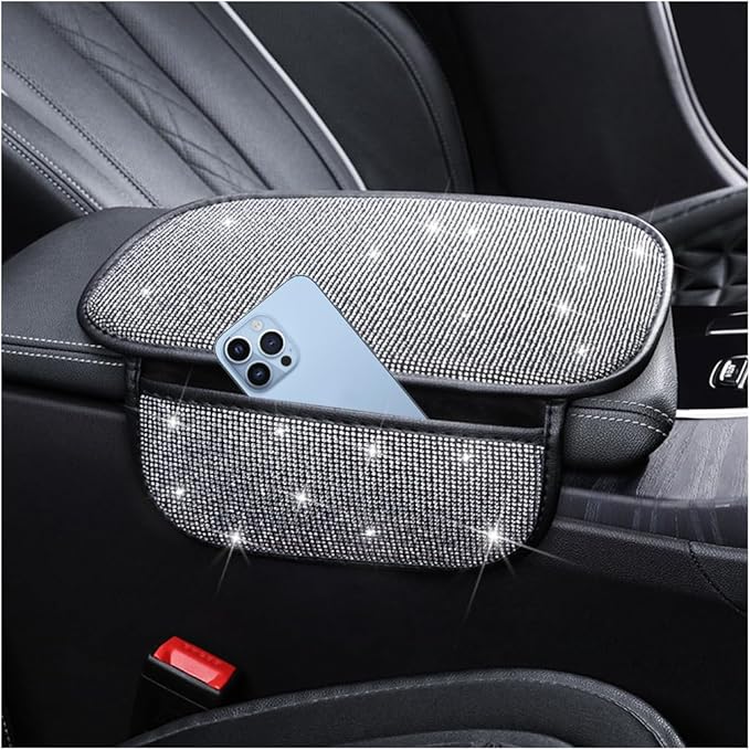 Bling Car Center Console Cover, Crystal Rhinestone Vehicle Armrest Cover Cushion with 2 Storage Bags for Women Girls, Diamond Auto Storage Box Protector Pad, Universal Fit (White)