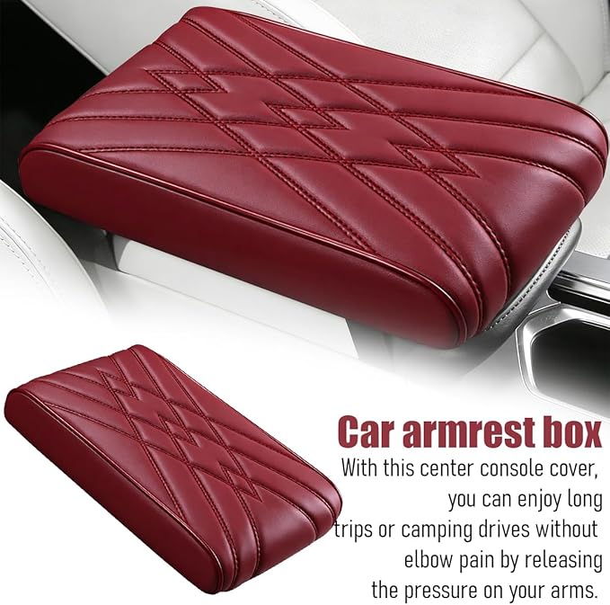 Car Center Console Cover, Memory Foam Leather Soft Breathable Armrest Seat Storage Box Protector Pad, Automotive Interior Middle Console Cushion Cover, Universal for Truck SUV Van (Red)