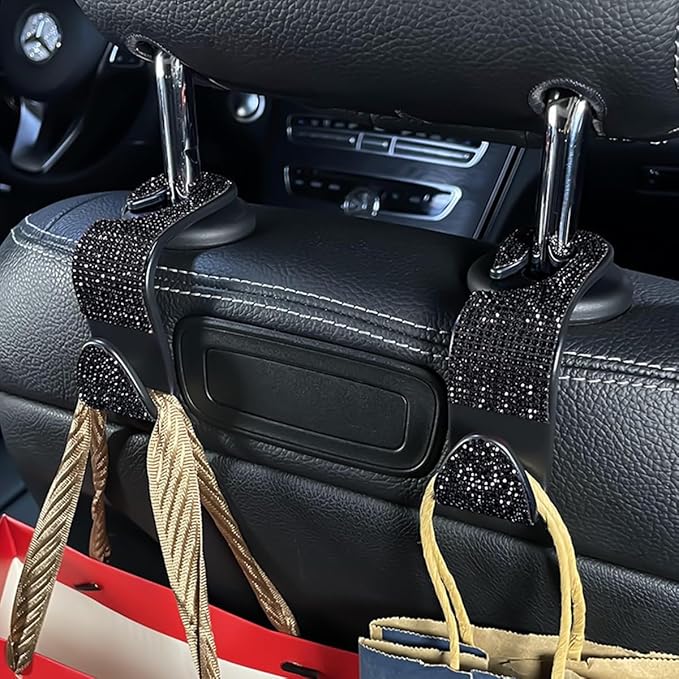 4PCS Bling Car Seat Headrest Hooks, Vehicle Back Seat Purse Handbag Hanging Holder with Crystal Rhinestone, Diamond Storage Organizer Hook, Universal Automotive Accessories (Orange)