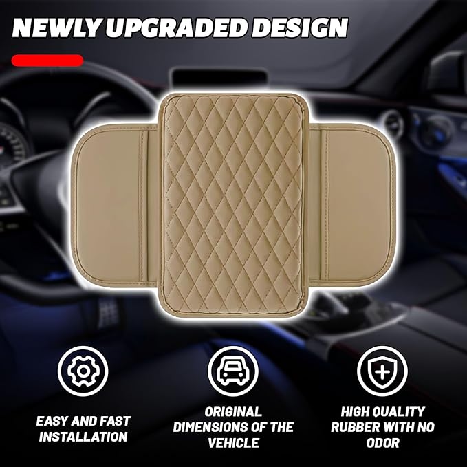 Arm Rest Cover Pad for Car, PU Leather Center Console Cover with Side Storage Bag, Universal Comfortable Armrest Storage Box Interior Accessories for Most Car Center Consoles (Beige)