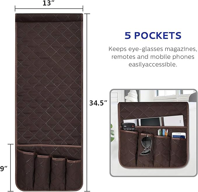Armchair Caddy for Recliner, Couch Caddy Storage Organizer with 5 Pockets, Non Slip Sofa Arm Organizer for Remote Controls, Phone, Magazines, Tablet (Dark Brown)