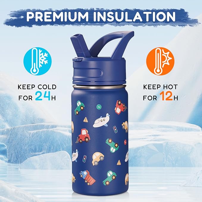 12oz Water Bottle for School, Bottles with Straws, Stainless Steel Vacuum Insulated Water Bottle, Leak-Proof, BPA-Free, Blue Transportation