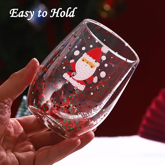 Christmas Mugs, 8 oz Double Wall Insulated Glass Coffee Mugs Set of 4, Cute Funny Mugs Coffee Cups for Cappuccino, Latte, Americano, Tea, Wine and Beverage