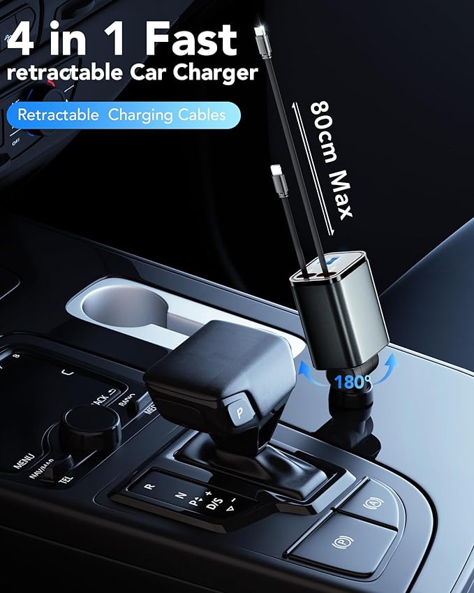Retractable Car Charger Adapter for iPhone 17,4 in 1 Fast Charging Car Phone Charger,69W USB C Car Truck Accessories,Road Trip Essentials Gift for Men Women for iPhone 17 Pro Max/16/15/14,Galaxy S26