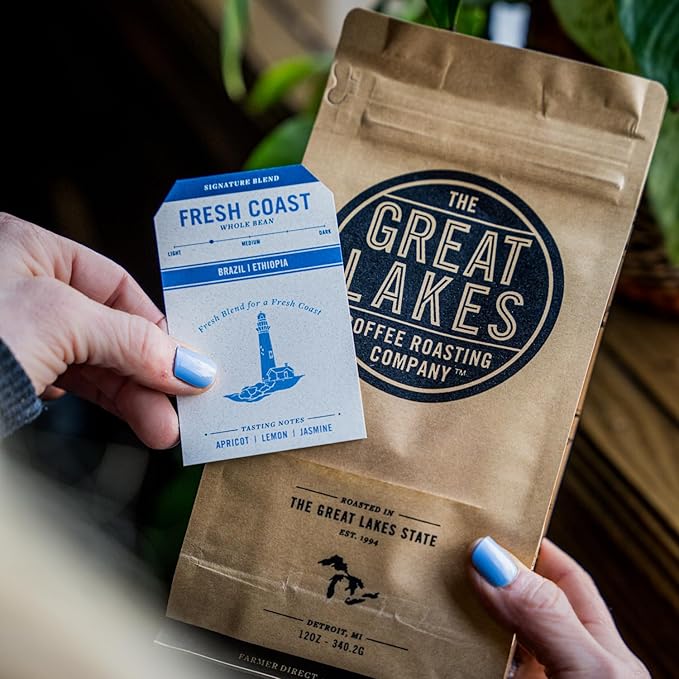 Great Lakes Light/Medium Roast Whole Bean Coffee, Fresh Coast Signature Blend, Farmer Direct Sourced from Brazil and Ethiopia, 12 Ounces