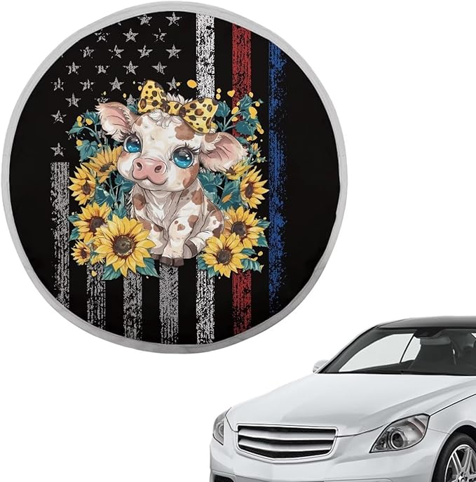 American Flag Cow Sunflower Pattern Steering Wheel Sun Shade Cover Steering Wheel Cover for Sun Protection Keep Cool in Summer Steering Wheels Accessories for SUV Car Truck Van