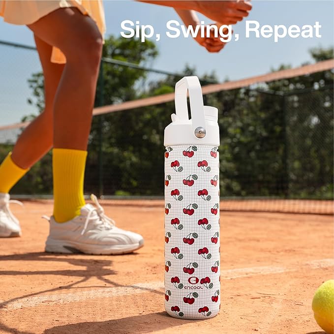 ENCOOL Insulated Water Bottle with Straw Stainless Steel Water Bottle, Leak-Proof, BPA-Free, Double Wall Vacuum Keeps Cold for 24 Hours for Sports, Travel, School (26 oz, Cherry)