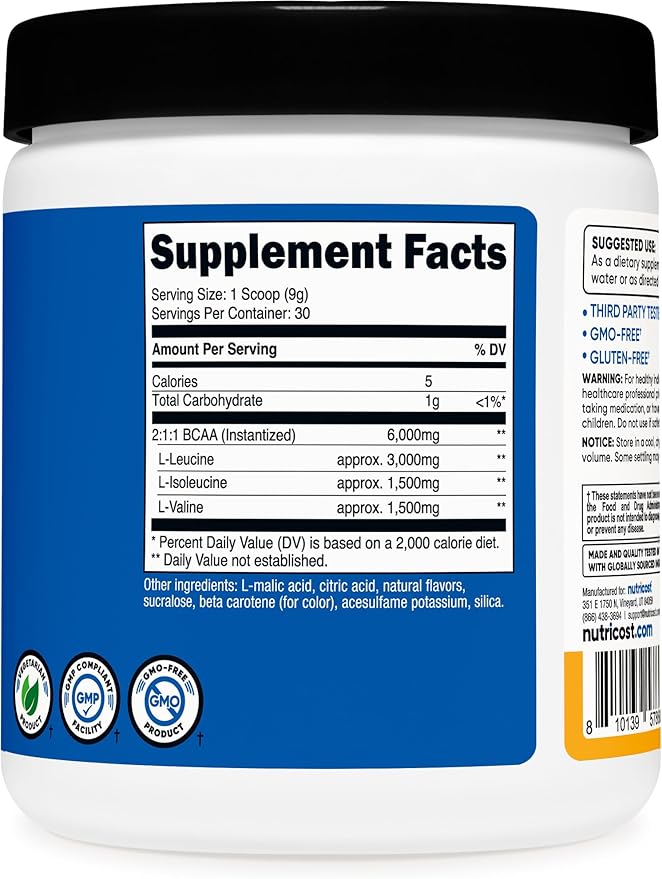 Nutricost BCAA Powder 2:1:1 (Orchard Fruit) - Branch Chain Amino Acids, 6g Per Serving, Vegetarian, GMO-Free, Gluten-Free, 30 Servings