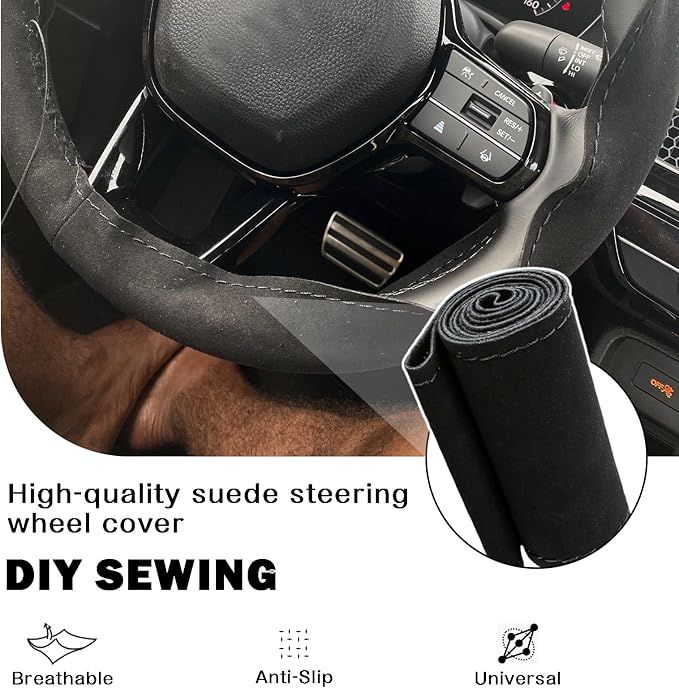 40.16-Inch Suede Leather Stitch Steering Wheel Wrap, Suitable for Car Steering Wheels with A Diameter of 15 Inches, Including Sewing Needles, Hand-Stitched