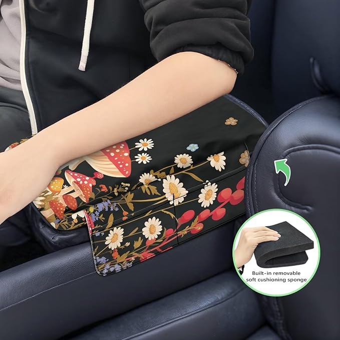 Dreaweet Center Console Cover Mushroom Cute Car Accessories for Women,Car Console Covers with Pockets,Universal Armrest Cover Soft Comfy Arm Rest Pad for Most Cars SUV Sedan