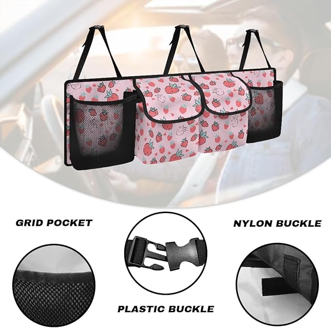 Strawberry Car Trunk Organizer, Novelty Car Accessories Marble Car Organizer for SUV/Truck/MPV, Hanging Car Storage Organizer with 4 Pocekts, Frees Trunk Floor, Sturdy Space Saving Expert