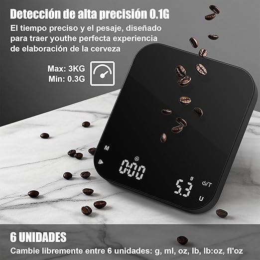 0.1g Precision Coffee Scale with Timer, Diyife 3kg/0.1 Rechargeable Espresso Scale for Pour-Over Coffee, Digital Scale with Back-Lit LCD Display, Auto Tare, Silicone Waterproof Cover, Black