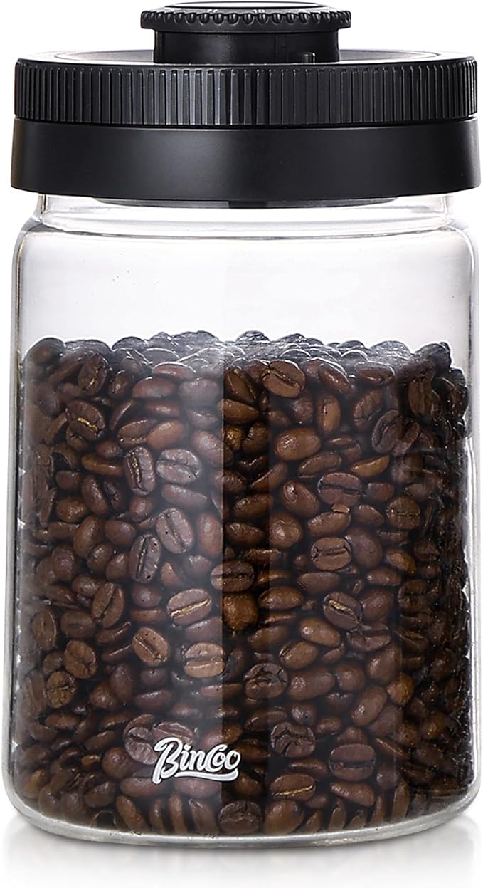 Bincoo Coffee Canister with Date Dial – Vacuum Seal Airtight Container for Coffee Beans – 40oz Borosilicate Glass Jar with One-Button Air Pump – Kitchen Storage Canister – Keep Freshness Longer(1.2L)