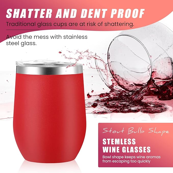 16 Pack Stainless Steel Wine Tumblers 12 oz Insulated Vacuum Wine Cup Set Double Wall Stainless Steel Stemless Mug Glasses for Coffee Soda Whiskey Outdoor Travel (Red)