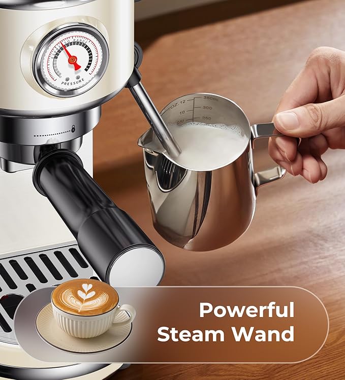 20 Bar Espresso Machine with Milk Frother, Compact Espresso Maker, Stainless Steel Coffee Machine with Precise Temp Control & 44oz Removable Water Tank for Latte, Cappuccino, Creamy White