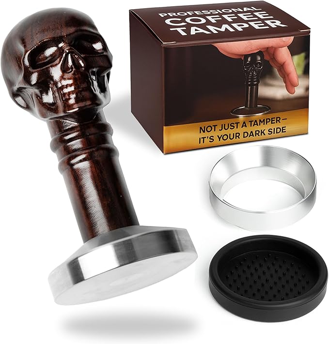 53.3mm Espresso Tamper for 54mm Portafilters, Coffee Hand Tamper with Weighted 304 Stainless Steel Flat Base & Ebony Wood Skull Handle, Espresso Tool for Home Baristas
