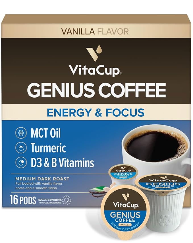 VitaCup Genius Vanilla Keto Coffee Pods w/MCT Oil, Turmeric, B Vitamins, & D3 for Energy & Focus in Single Serve Pod Compatible with K-Cup Brewers Including Keurig 2.0, 16 CT