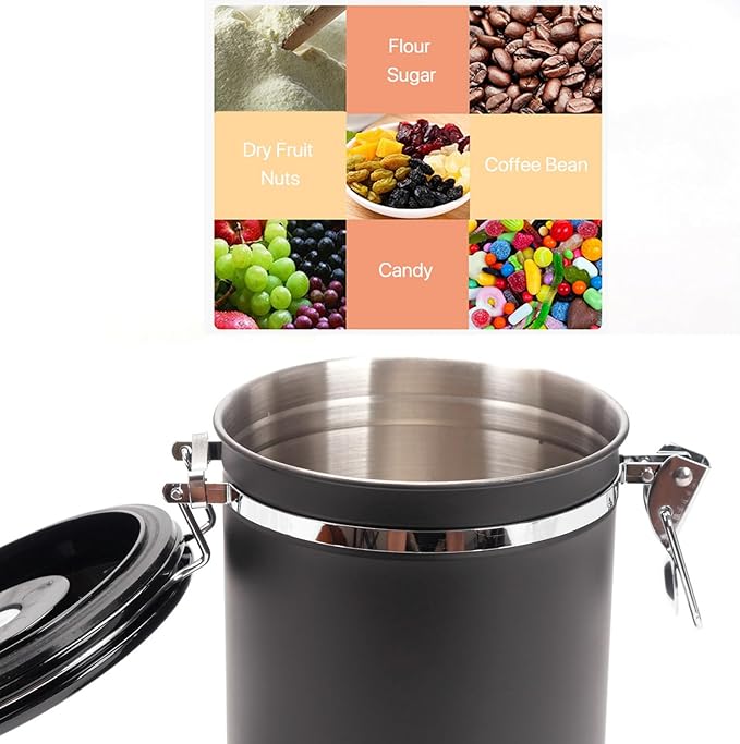 SUEIANNMN1.8L Coffee Canister Airtight, 26oz Coffee Storage Container Stainless Steel Air Tight Coffee Jar with Scoop, Date Tracker, 2 Extra CO2 Release Valve for Beans Ground Tea Flour Sugar (Black)